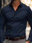 Men Solid Color Simple Daily Style Buttoned Long Sleeve Shirt, For Fall (1)