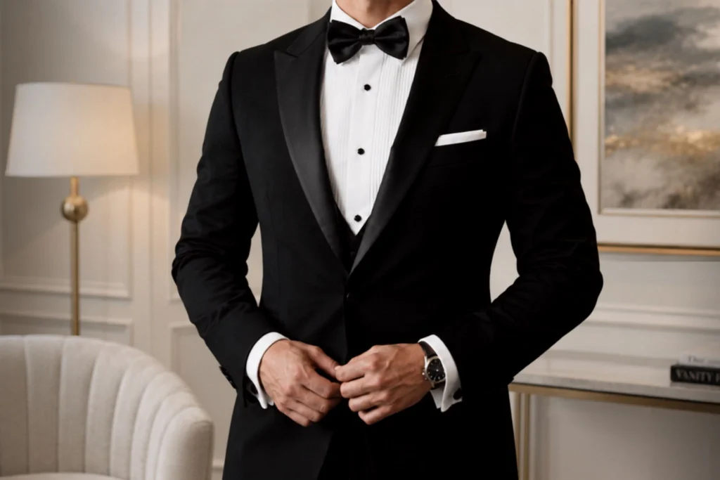 A man wearing a classic black tuxedo with satin lapels, a white pleated dress shirt, and a black bow tie.